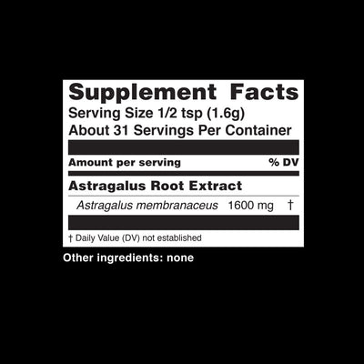 Teelixir Organic Wild Astragalus Root Tonic Herb Adaptogen 10:1 Dual Extract Powder Immediate Instant Energy Natural boost Lungs and Immunity Support Nutritional Information